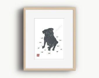 Negro Pug Arte, Perro Pug, Impresión de Pug, Regalo de Pug, Arte de la pared del pug, Ilustración del pug