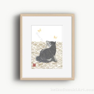 Shiba Inu Art, Black Shiba Inu, Seigaiha, Modern Japanese Art, 柴犬 image 1