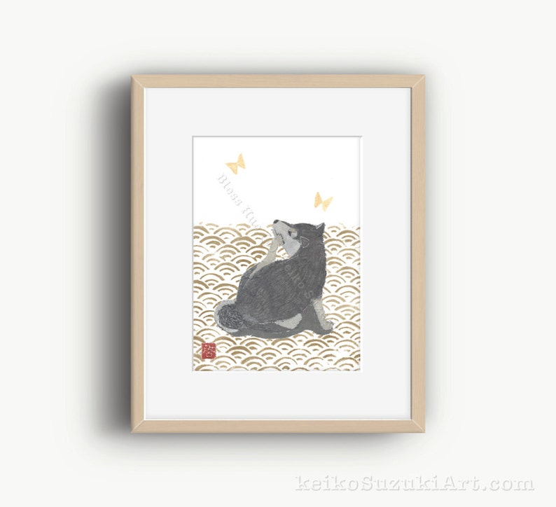 Shiba Inu Art, Black Shiba Inu, Seigaiha, Modern Japanese Art, 柴犬 image 1