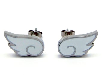 Wing Earrings - Stainless Steel & White Enamel (15mm)