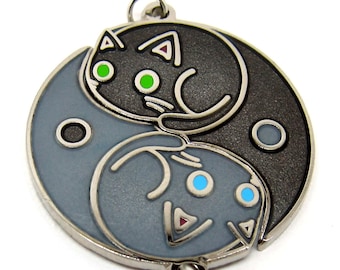 Black Cat & White Cat Yin Yang Pair - Couple Friendship Necklace Pendant Charms (25mm)