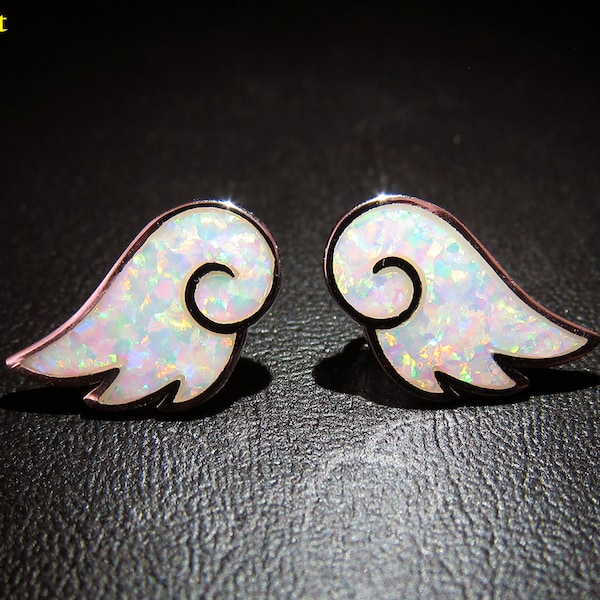 Angel Wing Earrings - 925 Sterling Silver & White Fire Opal (18mm)
