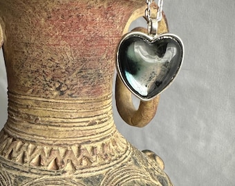 Silvered Glass Heart Pendant Necklace - 24 Inch Chain