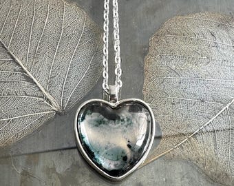 Silvered Glass Heart Pendant Necklace - 24 Inch Chain