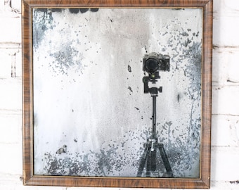 Handcrafted Distressed Silver Mirror, Vintage Wood Frame (17.5 x 17.5 Inches)