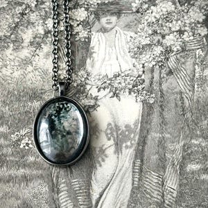 Silvered Glass Pendant Necklace, Antiqued Silver Necklace