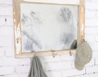Antiqued Silvered Glass Mirror Hat Rack: Reclaimed Window Frame