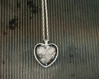 Silvered Glass Heart Pendant, Antiqued Silver Glass Pendant Necklace