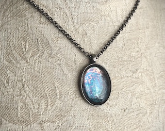 Silvered Glass Pendant Necklace, Antiqued Silver Necklace