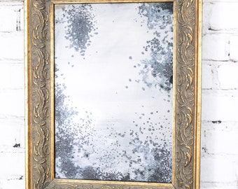 Ornate Gold Frame Wall Mirror: Distressed Silvered Glass (24 x 18)