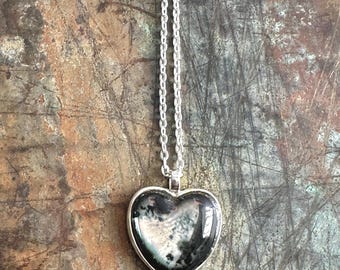 Silvered Glass Heart Pendant Necklace - 24 Inch Chain