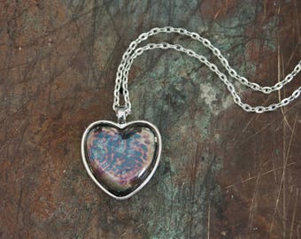 Silvered Glass Heart Pendant, Antiqued Silver Glass Jewelry, Bright Silver Finish