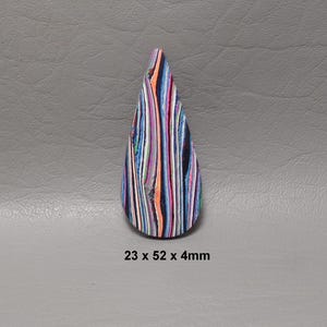 May include: A teardrop-shaped pendant with a vibrant, multicolored striped pattern. The pendant measures approximately 0.9 x 2.0 x 0.1 inches. The design features vertical stripes in shades of pink, blue, orange, and black, creating a unique and eye-catching accessory.
