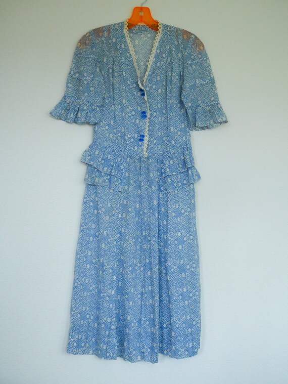 1930's Day Dress with Square Pattern - Small