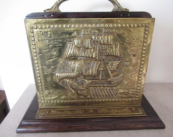 Vintage Brass and Wood Galleon Stationary Letter Rack Holder Desk Tidy Paper Rack Fisherman Nautical Gift