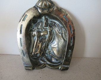 Vintage Brass Horse Head Inside A Horseshoe Ashtray With A jockey Cap