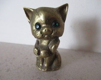 Vintage Brass Kitten Cat Ornament Paperweight Figurine Cat Gift Emerald Eyes