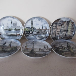 Vintage AK KAISER Porcelain W Germany Set Of 6 Coasters Scenes of Hamburg City