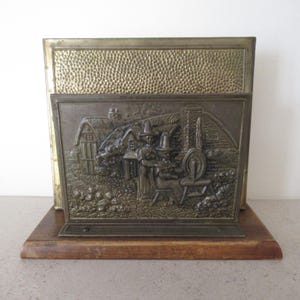 Vintage Welsh Lady&#39;s At A Spinning Wheel Letter Rack Holder Wales Desk Tidy