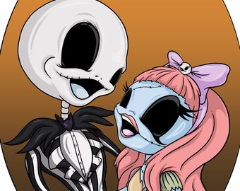 Simply Meant to Be - Jack and Sally Skellington - Nightmare Before Christmas Inspired - Digital Illustration - Downloadable Wall Art Print