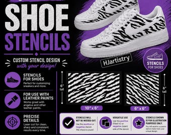 May include: Custom shoe stencils featuring a black and white zebra stripe pattern. The set includes two rectangular stencil sheets measuring 10 inches by 6 inches and 6 inches by 6 inches. The design is displayed on white sneakers with black stripes.