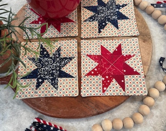 Set of 4  Wonky Star or Diagonal Stripes Quilted coasters, July 4th, red white & blue, patriotic decor