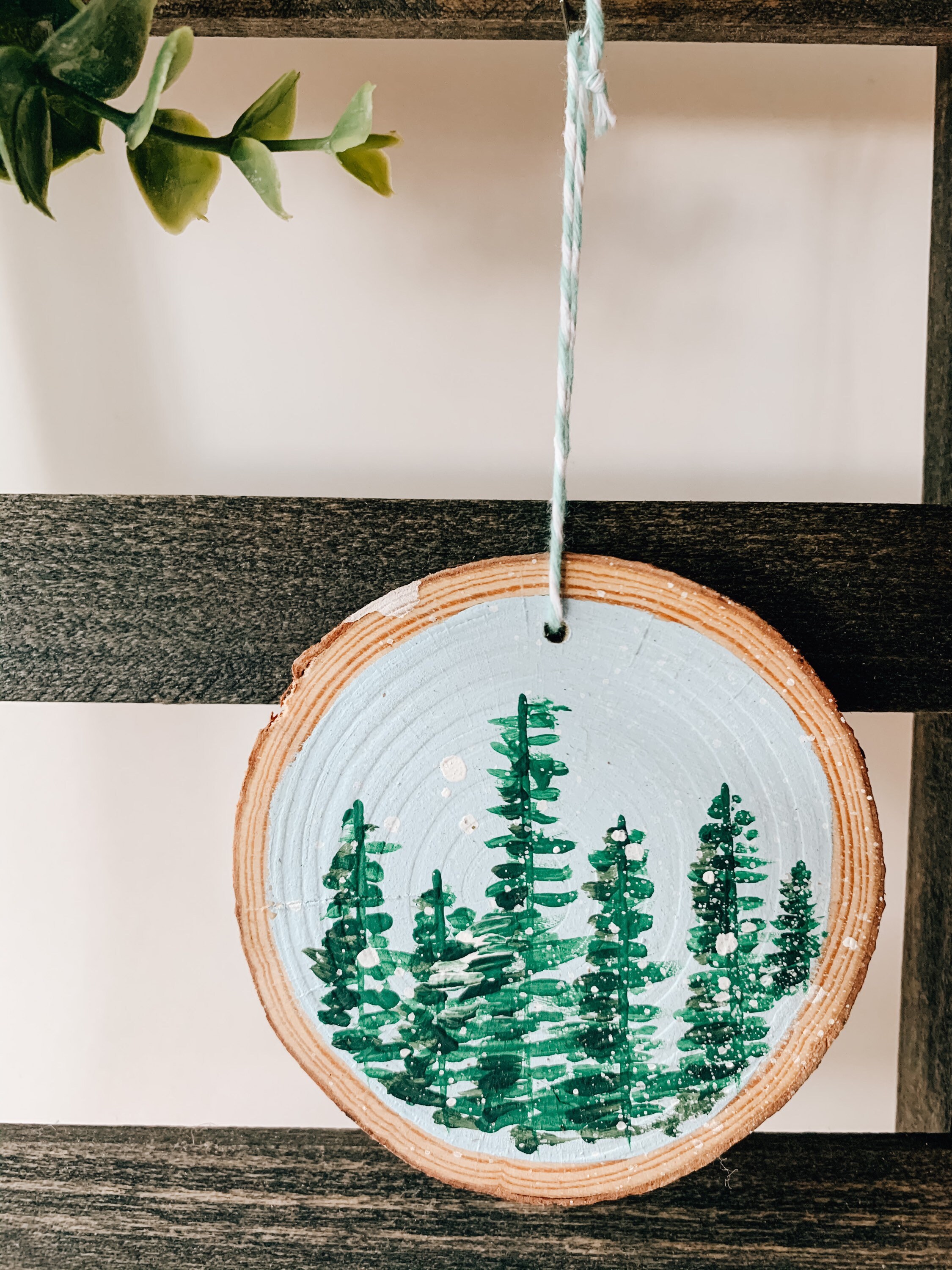 Painted Wood Round Ornament Blue Forest Etsy UK