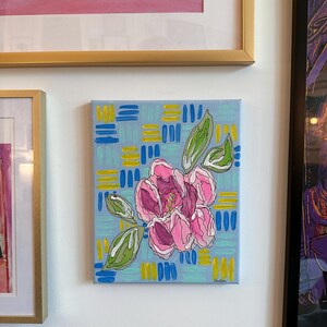 Blue, Yellow, and Pink Floral Canvas Painting with Patterned Background 8x10in
