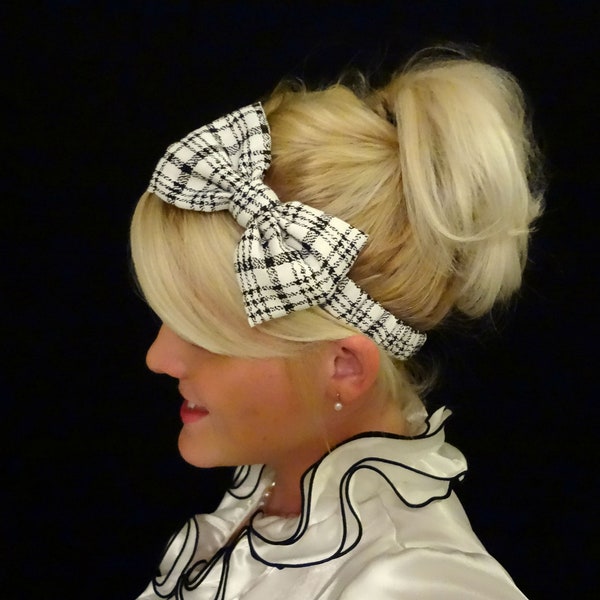 Classic black and white plaid bow stretch headband pinup/retro/feminine