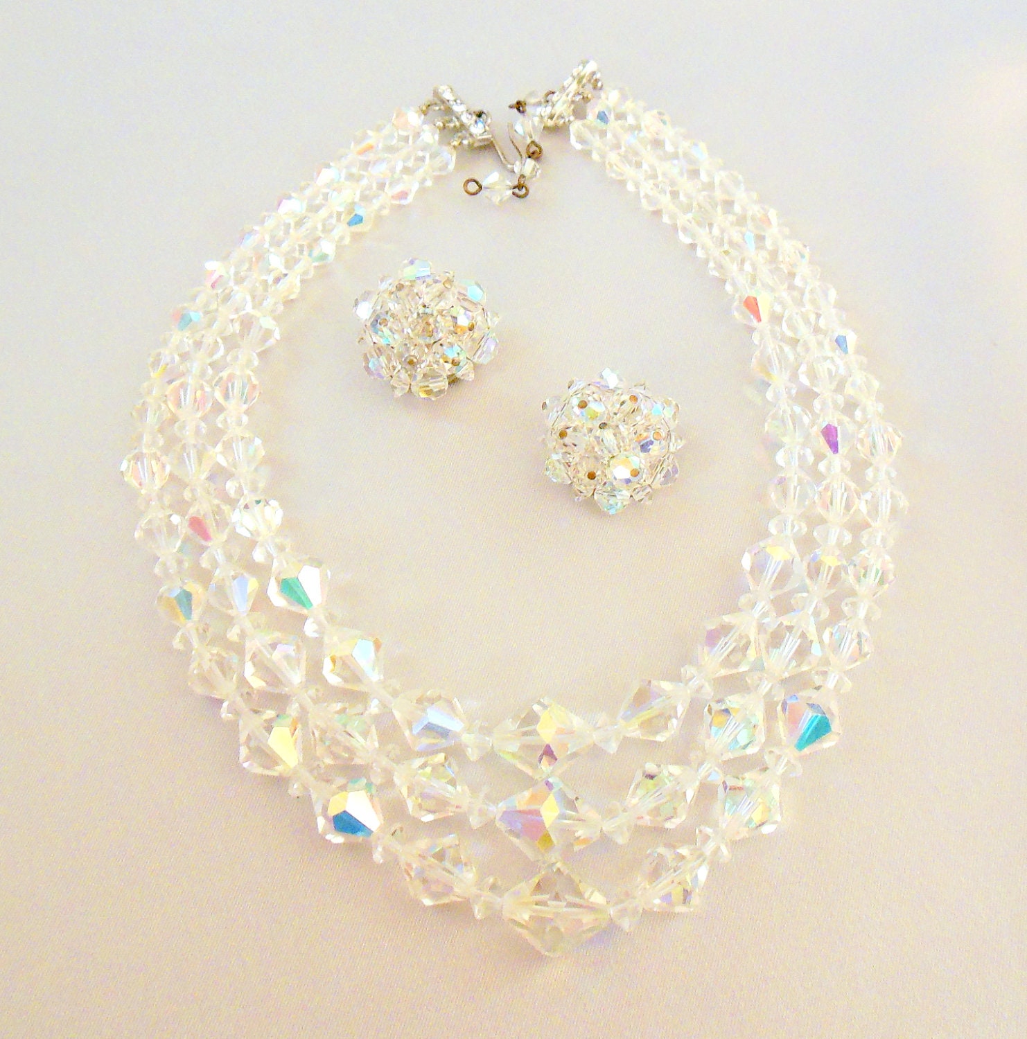 Vintage Crystal Necklace Triple Strand with Matching Earrings Etsy