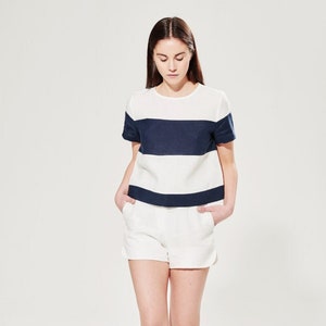 Pure linen vacation striped crop t-shirt for resort capsule collection, Summer bicolour flax short sleeve top, Feminine and chic linen tee White/ Navy Blue