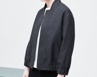 Utility bomber jacket, Wool baseball jacket, Minimalist short spring zipper coat, all season capsule wardrobe jacket, Trendy streetwear