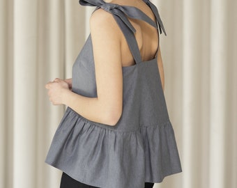 Statement top from high quality cotton twill, Square neckline ruffled trim top, A-line peplum top ready to ship