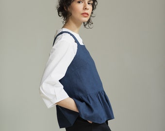 Pure washed linen top with peplum waist ready to ship, Square neckline top with removable bows at the shoulder, Sleeveless summer linen top