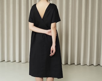 Soft linen relaxed summer dress, Loose tent dress, Flattering flax robe, Short sleeve summer midi pocket dress, Resort capsule collection