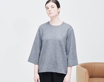 Oversized wool twill crew neck top, dropped shoulders sweater, wide cropped sleeves blouse, Urban wool sweatshirt, Spring capsule wardrobe