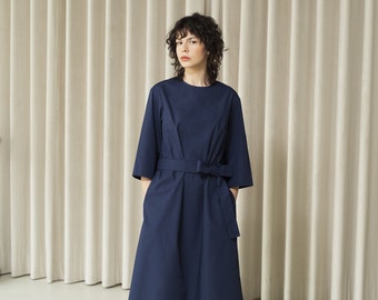 Navy blue cotton dress with belt and side pockets, loose fall midi dress office cotton robe dress with elastic waist, capsule wardrobe dress