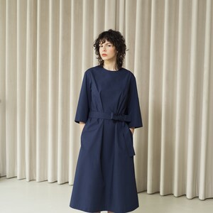 Navy blue cotton dress with belt and side pockets, loose fall midi dress office cotton robe dress with elastic waist, capsule wardrobe dress