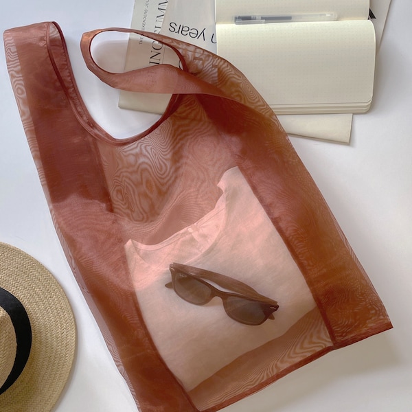 Shopping bag burned orange sheer organza tote bag reusable transparent grocery bag creative gift packaging vacation tote bag