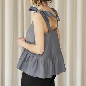 Statement top from high quality cotton twill, Square neckline ruffled trim top, A-line peplum top ready to ship image 1