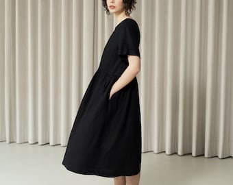 V-back relaxed linen dress . Loose tent dress with pockets . Black linen dress with short sleeves . Summer midi dress . Capsule collection