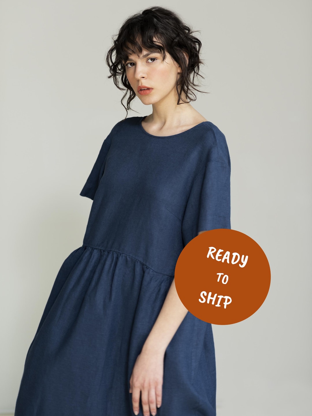 V-back Pure Linen Dress With Pockets Resort Soft Flax Tent Robe Summer