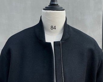 Black wool oversized bomber jacket for women baseball designer jacket minimalist heavy weight wool urban coat for fall capsule wardrobe