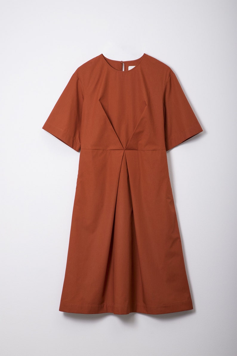 May include: A rust-coloured short-sleeved dress with a V-shaped neckline and a pleated skirt.