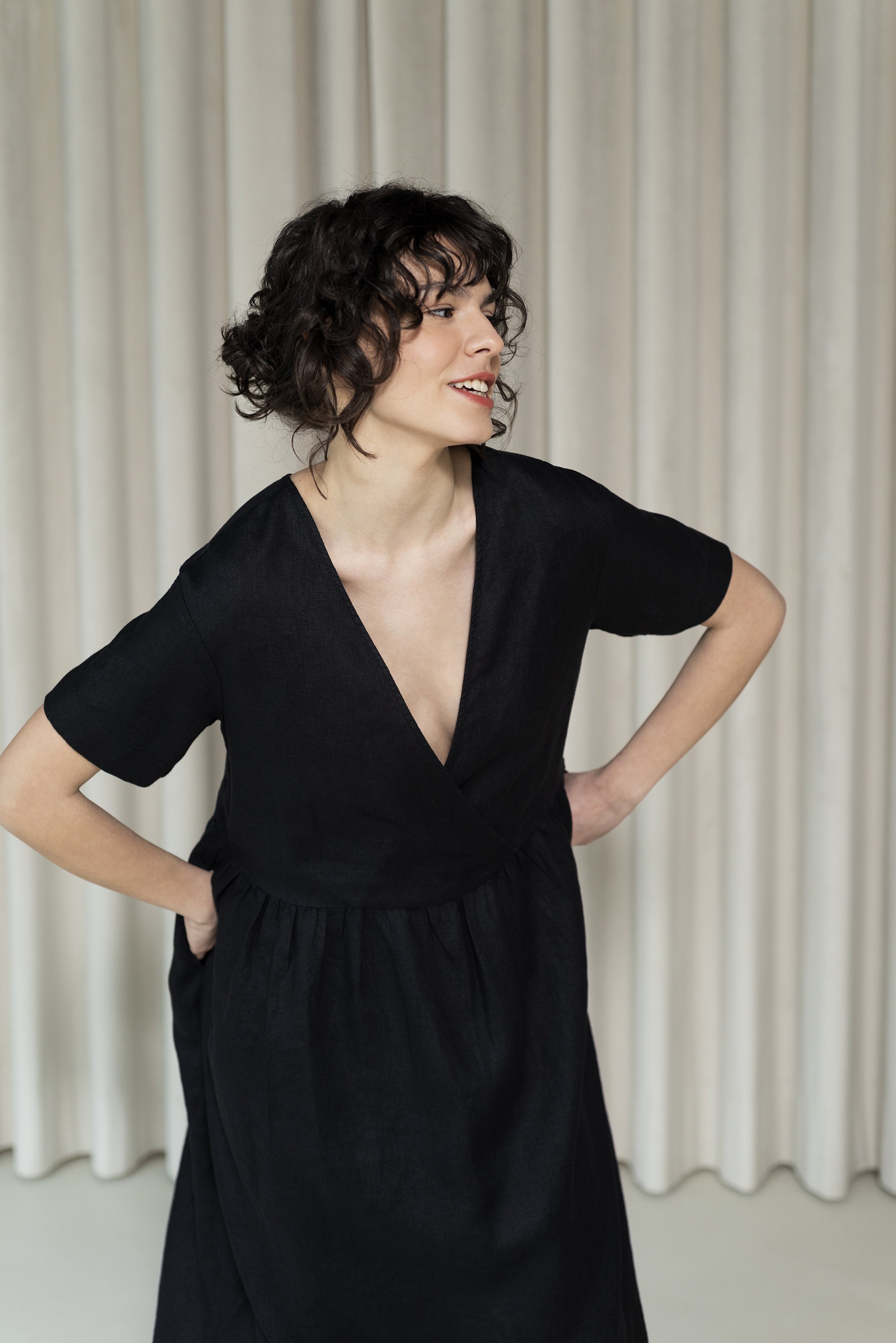 loose fit tent dress Soft Linen Relaxed Summer Dress, Loose Tent Dress, Flattering Flax Robe,  Short Sleeve Summer Midi Pocket Dress, Resort Capsule Collection
