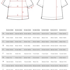K&ouml;nnte beinhalten: Eine Gr&ouml;&szlig;entabelle f&uuml;r ein T-Shirt mit Ma&szlig;en in Zoll und Zentimetern. Die Tabelle zeigt die Ma&szlig;e f&uuml;r die Gr&ouml;&szlig;en EU32/US00 bis EU44/US12.