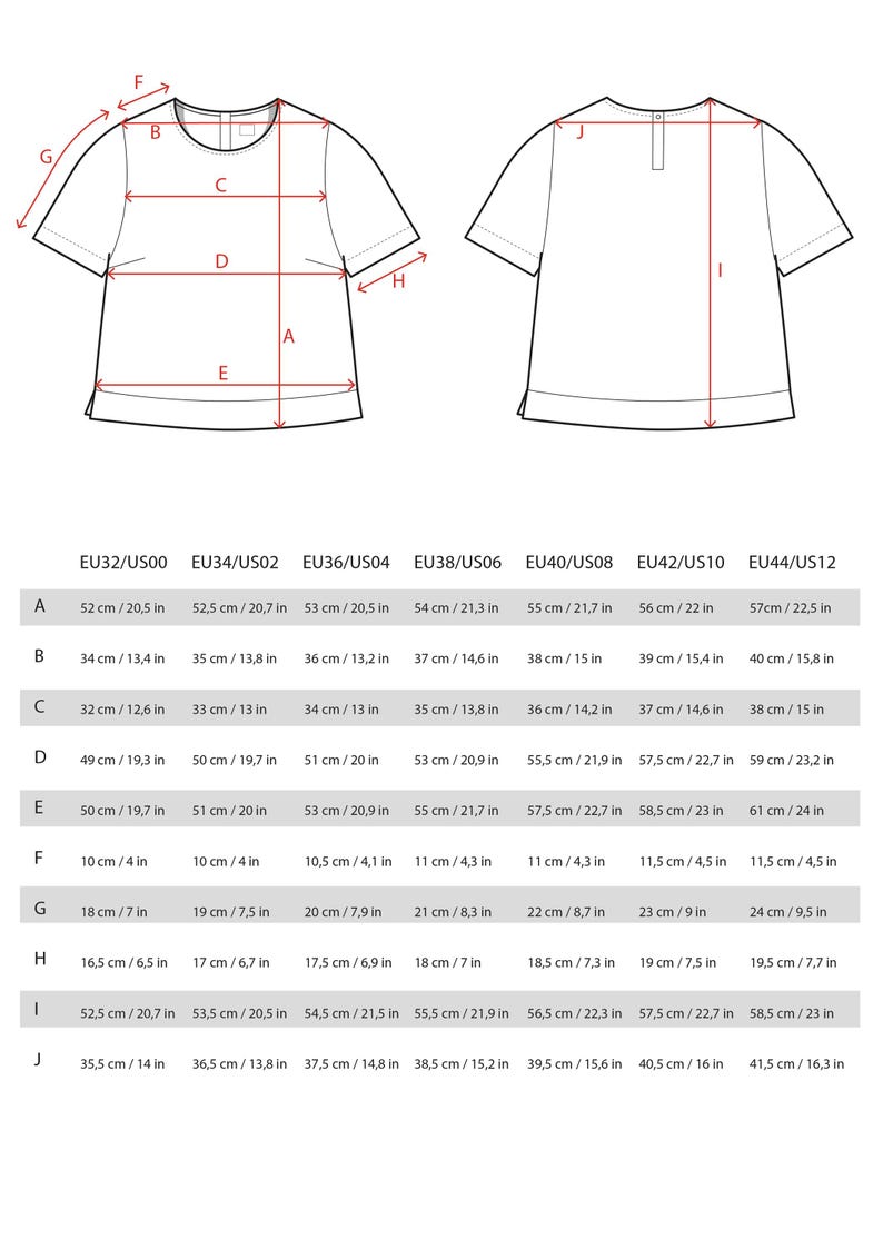 K&ouml;nnte beinhalten: Eine Gr&ouml;&szlig;entabelle f&uuml;r ein T-Shirt mit Ma&szlig;en in Zoll und Zentimetern. Die Tabelle zeigt die Ma&szlig;e f&uuml;r die Gr&ouml;&szlig;en EU32/US00 bis EU44/US12.