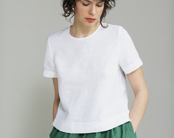 White cropped washed linen top, Crop linen blouse, Minimalist tops, Summer linen T-shirt, Short sleeve linen Tee, Linen Clothing