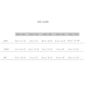 May include: Size guide chart with measurements in inches and centimetres for bust, waist, and hips. The chart shows sizes from EU34 to EU42, corresponding to US sizes 2 to 10.