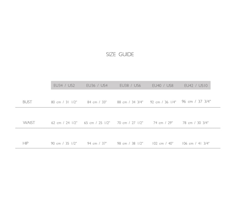 May include: Size guide chart with measurements in inches and centimetres for bust, waist, and hips. The chart shows sizes from EU34 to EU42, corresponding to US sizes 2 to 10.